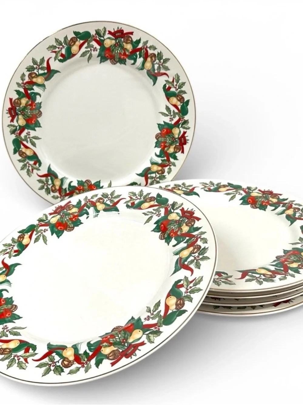 AMC Christmas Bounty Dinner Plates Set of 6 Japan Gold Trim Holiday 10⅜” Vintage
